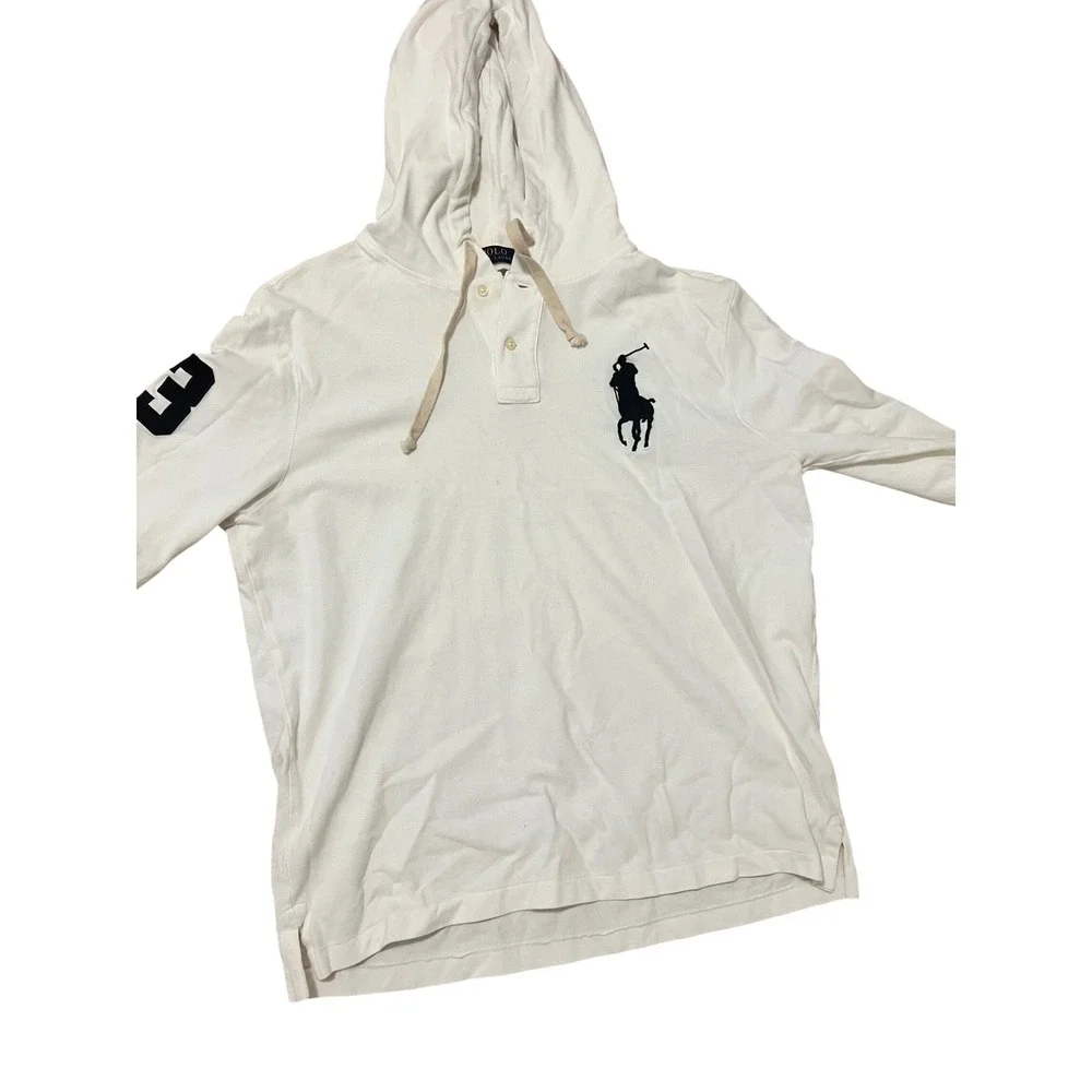 Polo Ralph Lauren Mens White Big Pony Hooded Long Sleeve Pique Shirt Large